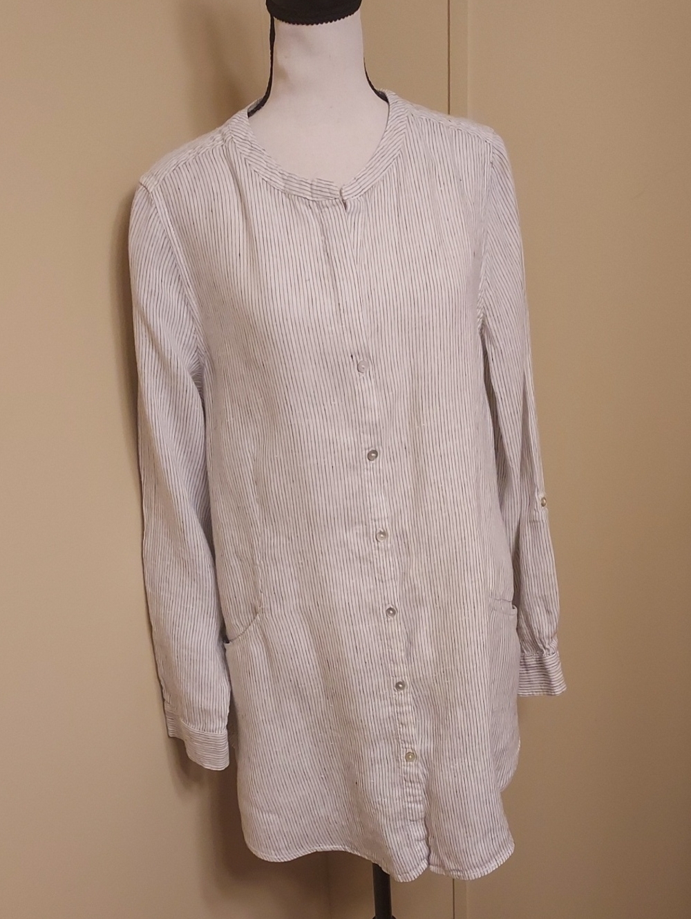 Sigrid Olsen White Linen Short-Sleeve Shirt with Black Pinstripes